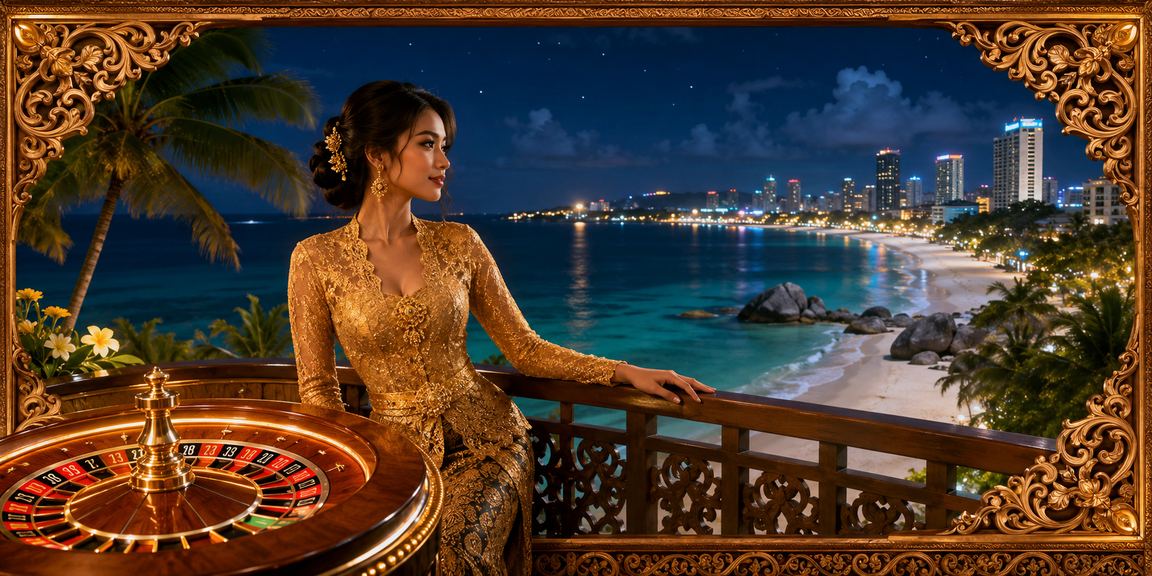 Permainan roulette di tepi pantai dengan suasana malam yang santai dan penuh cahaya