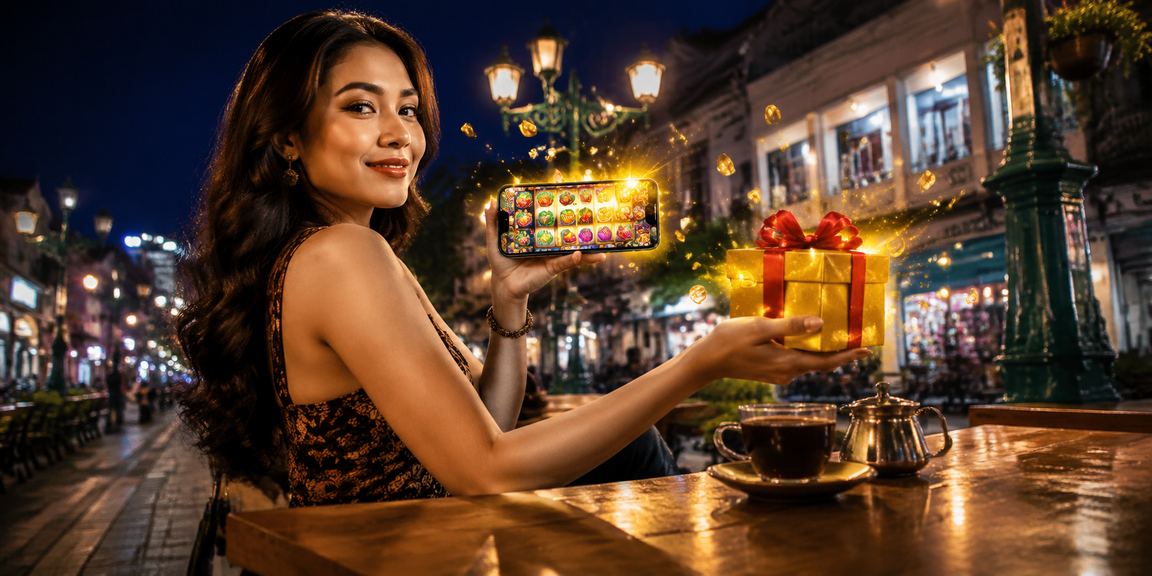 Pengguna bermain slot game di kafe Vietnam menggunakan smartphone dengan ekspresi senang